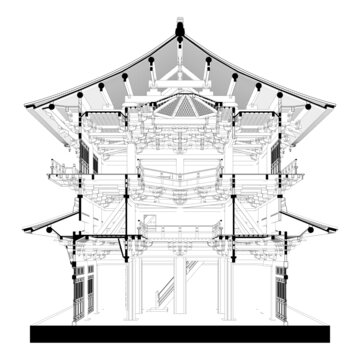 独乐寺观音阁剖面线稿图