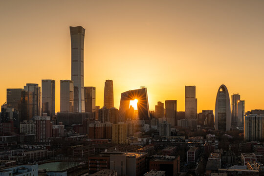 北京国贸cbd地标建筑日落
