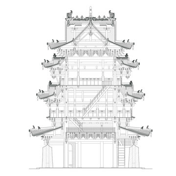 飞云楼剖面线稿图