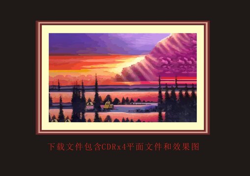 抽象落日风景画油画水墨画