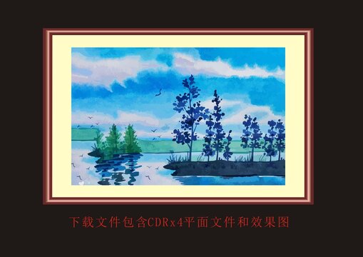 蓝天白云树木植物海鸥风景画