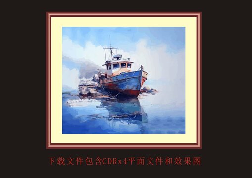 蓝色大海旧船风景画油墨画