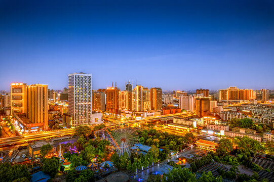 洛阳市涧西区城市风光夜景航拍