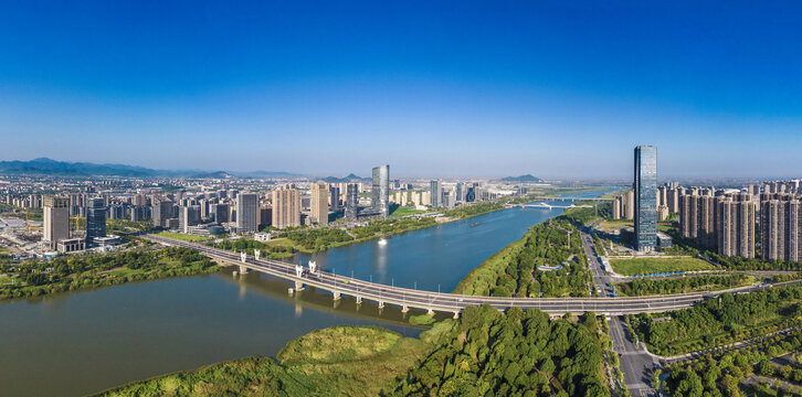 上虞一江两岸城市风光全景