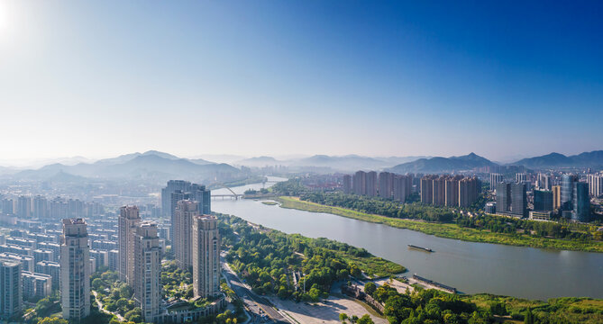 上虞一江两岸城市风光全景