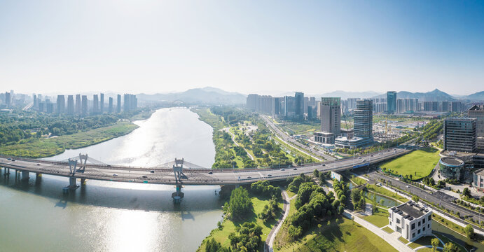 上虞一江两岸城市风光全景