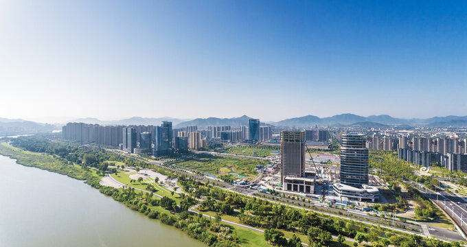 上虞曹娥江畔城市风光全景