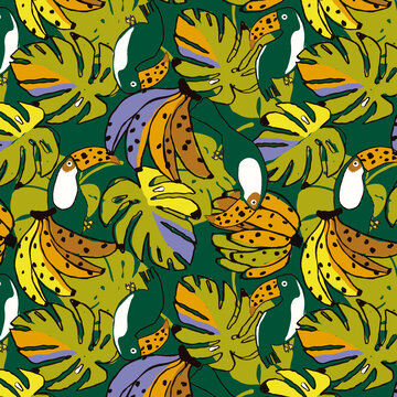 墨绿底香蕉树叶巨嘴鸟