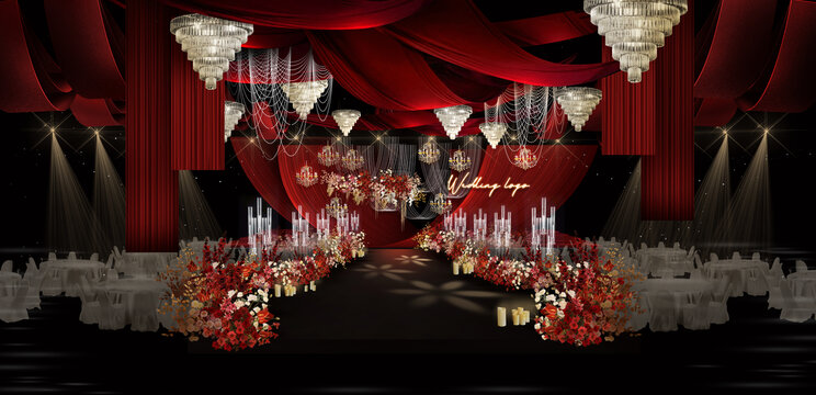 红色复古布幔婚礼效果图