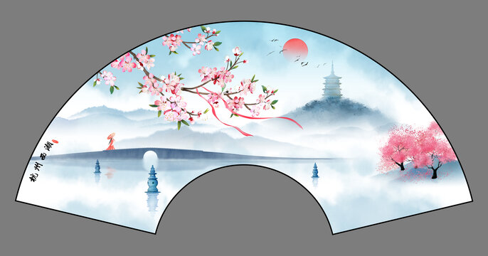 杭州西湖古风折扇插画