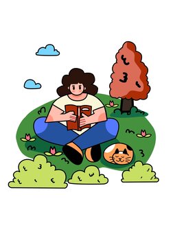 女孩草地上读书扁平场景插画