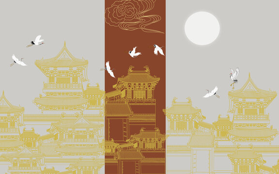 中式古建筑刺绣描金背景