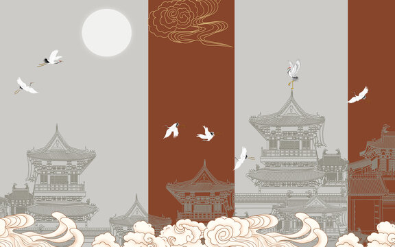 中式古建筑刺绣描金背景