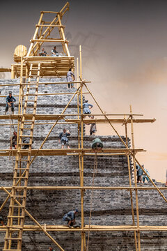 古代城墙建造场景