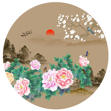 国潮牡丹花山水插画