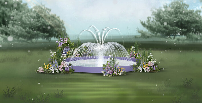 粉紫色喷泉户外草坪婚礼