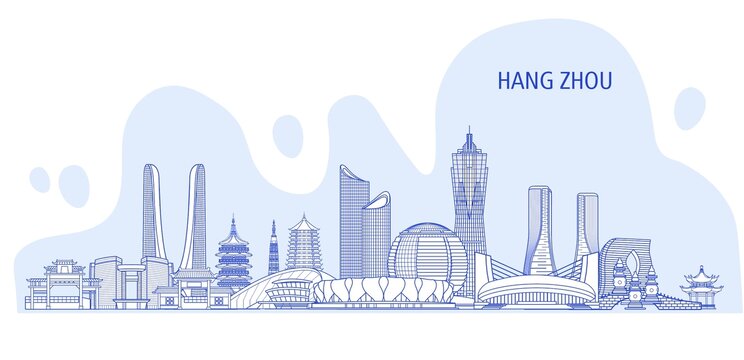 蓝色清新杭州城市地标建筑插画