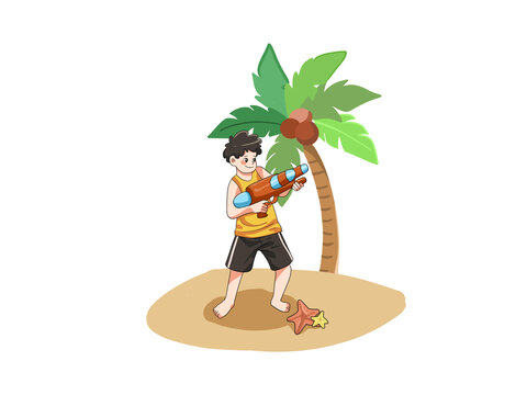 椰树男孩沙滩上玩耍水枪元素