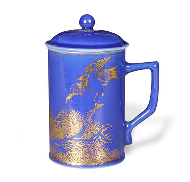 民国祭蓝釉描金松鹤茶杯