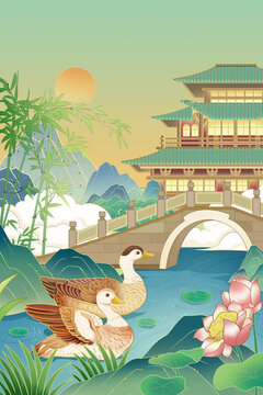 中国风鸭子山水插画