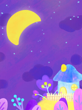 卡通背景星空月亮蘑菇屋植物