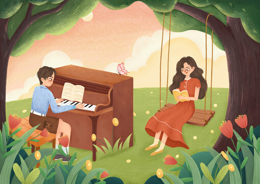 情侣森林弹钢琴看书插画