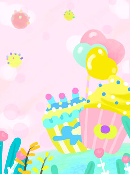 卡通背景糖果色蛋糕气球植物