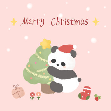 卡通手绘熊猫圣诞印花图案