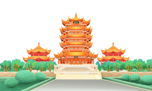 国潮武汉地标建筑黄鹤楼插画