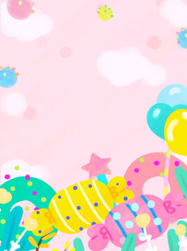 卡通背景糖果色甜甜圈气球植物