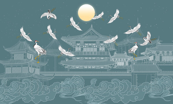 新中式楼阁刺绣瑞鹤图