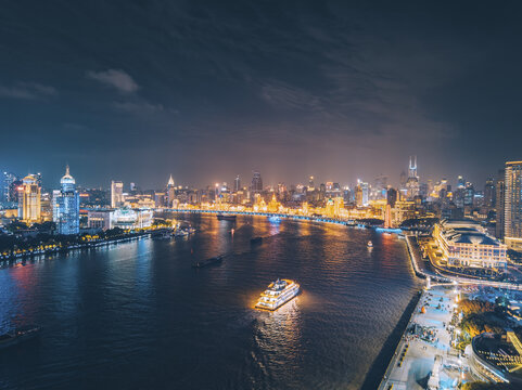 上海黄浦江都市风光夜景航拍