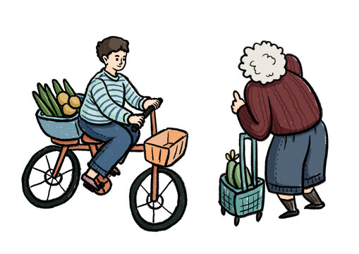 骑自行车男推车老奶奶买菜