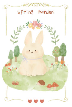 卡通水彩兔子花园印花图案