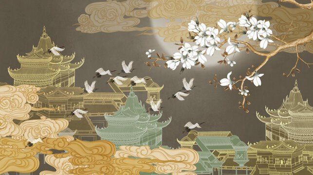 高端新中式花鸟背景墙