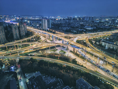 航拍江苏南京双桥门立交夜景