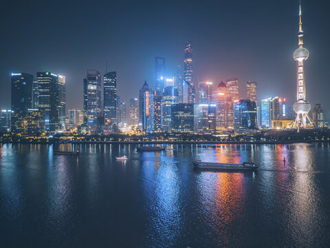 上海浦东新区天际线夜景航拍