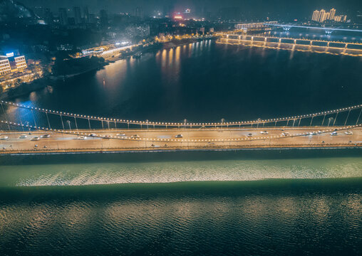航拍柳州红光大桥与江滨夜景