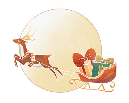 圣诞节麋鹿拉着雪橇送礼物插画