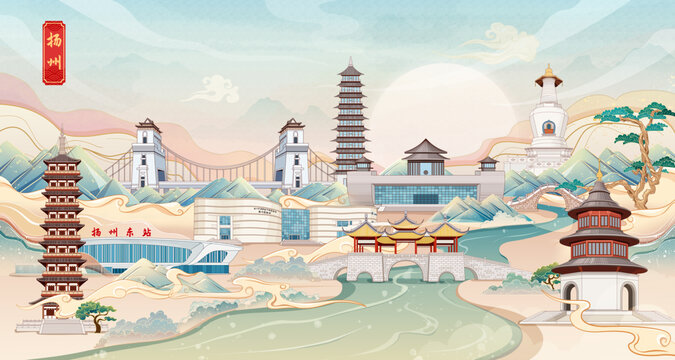 扬州国潮城市地标建筑手绘插画