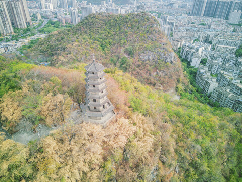 航拍柳州蟠龙山文光塔与居民楼