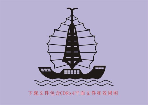 矢量帆船抽象线条条纹海浪