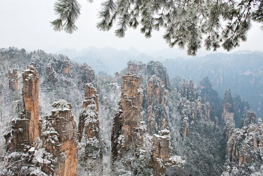 张家界天子山峰林雪景