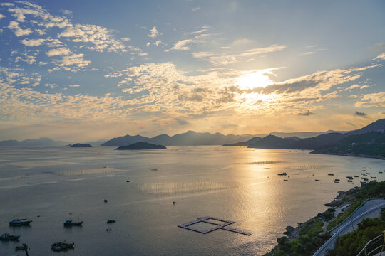 航拍福建霞浦海山夕阳晚霞