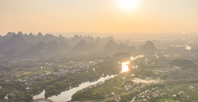 航拍桂林漓江漓江山水夕阳