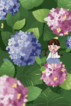 小女孩站在绣球花上