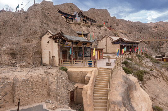 航拍甘肃张掖肃南文殊寺景区