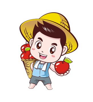卡通可爱小农夫拿苹果