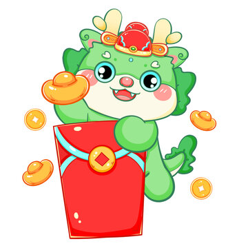 龙年新年春节卡通绿色红包龙