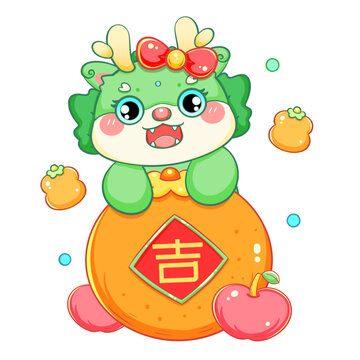 龙年新年春节卡通绿色桔子龙